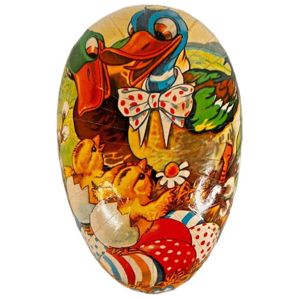 Vintage German Paper Mache Egg Candy Container 6” Doily Trim Ducks With Babies - Picture 8 of 12